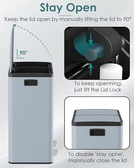 Arlopu 16 GallonStainless Steel Trash Can, 60L Dual Compartment, Metal Kitchen Step Recycle Bin, Metal Double Dustbin, in-Home Garbage Rubbish Can W/Removable Liner Buckets (Haze Blue)