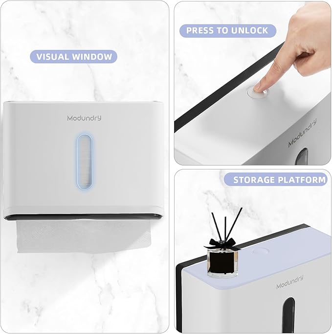 Paper Towel Dispensers Wall Mount: Multifold Tri-Fold Paper Towel Holder, No Drilling Install, Commercial Hand Towel Dispenser for Bathroom, Restroom, Office, Home, White