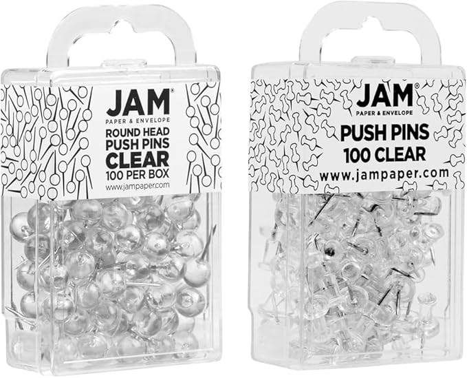 JAM PAPER Colorful Push Pins - Flat & Round Head Thumb Tack Combo Set - Clear Pushpins - 200/Pack
