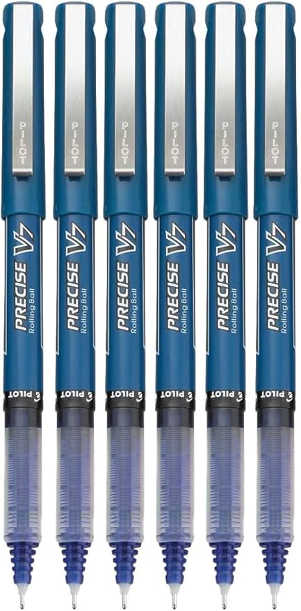 Precise V7 Stick Rolling Ball Pens, Fine Point (.7mm), Blue Ink, 6-pk; Bundle with Plastic Reusable Pouch