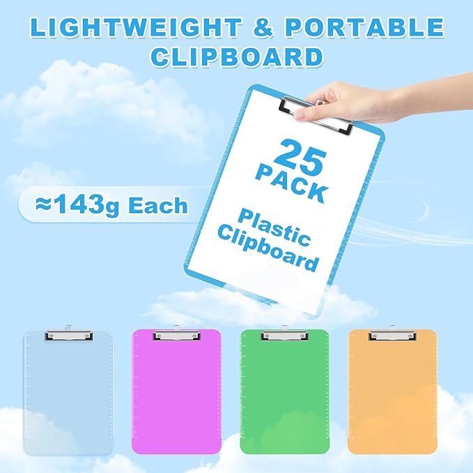 TOTiyea Clipboard Set of 25, 12.5 x 9 Inch Multi Color, Plastic Clipboard with Low Profile Clip, 75 Sheets Capacity, Standard Letter Size