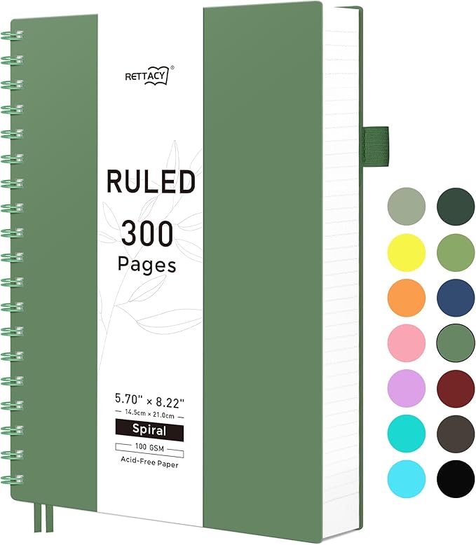 RETTACY Spiral College Ruled Notebook, 300 Pages, A5 Medium Size (5.7" x 8.2"), for School, Work, Writing, Journaling, 100 GSM Thick Paper, Flexible Plastic Cover (Dark Green)