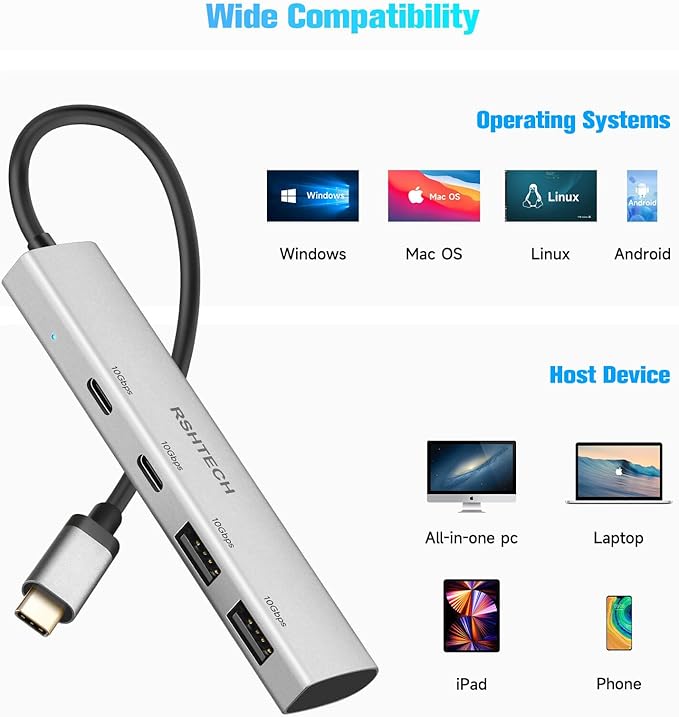 RSHTECH 4 Ports USB C 3.1/3.2 Gen 2 Hub 10Gbps with 2 USB-C and 2 USB-A Data Ports, Portable Aluminum USB Splitter for Laptop, MacBook Pro, and More Type C Devices, Gray, RSH-RX05