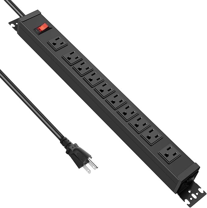 JUNNUJ Multi Angle Mount 10 Outlet Power Strip Heavy Duty, 2700J Surge Protector Under Desk with Switch 15A, Garage Workbench Power Strip Gaming Outlet Table Wall Mountable, 10FT 14AWG Extension Cord
