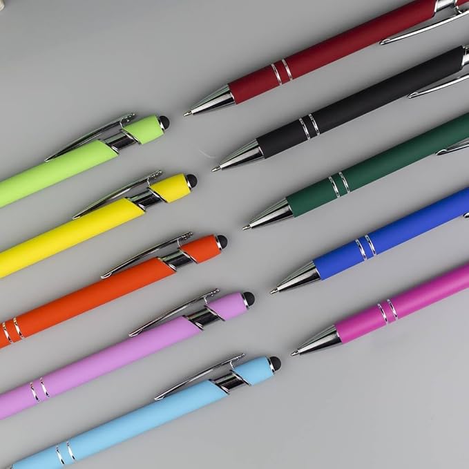 Pink Ballpoint Pens with Black Ink, 2-in-1 Stylus Tip, 1.0mm Medium Point, Matte Metal Barrel – 10-Pack for Office or School