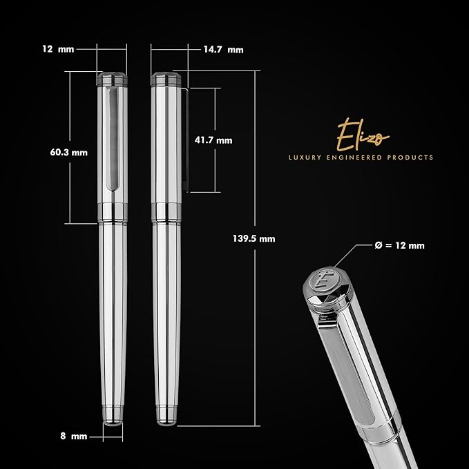 ELIZO Luxury Pen Fancy Chrome Silver Nice Gift Rollerball Cool Pens Best Schmidt Ink EDC Pen Executive Smooth Writing Pens for Men Women
