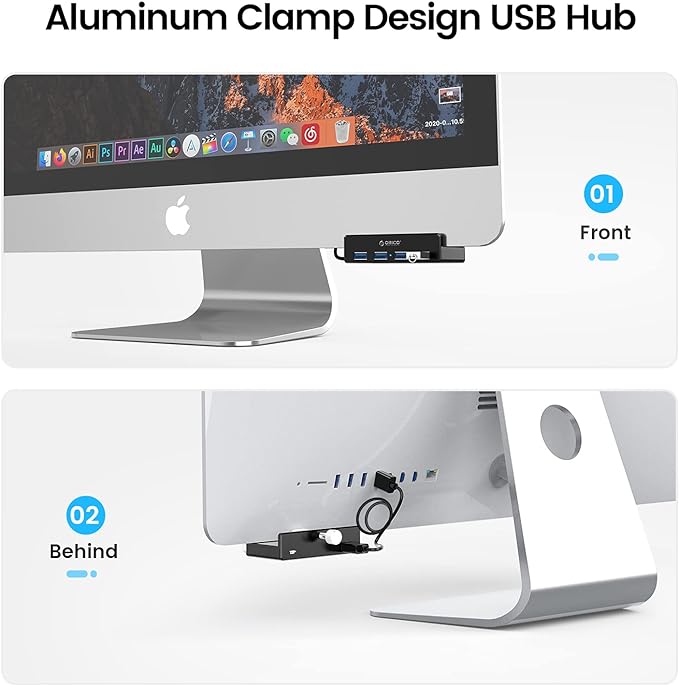 ORICO USB 3.0 Hub, USB Hub Clamp, Aluminum 4-Port USB Splitter with Extra Power Supply Port and 4.92 FT USB Data Cable, Desktop Powered USB Hub for Monitors/Desks-Black (Without Power Adapter)