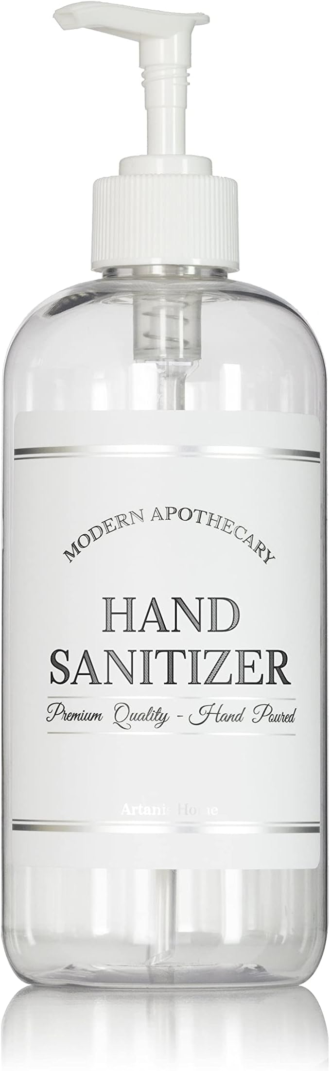 Refillable Clear PET Plastic 16 oz Hand Sanitizer Bottle with White Plastic Pump Dispenser - Chrome Accent Waterproof Labeled Bottle