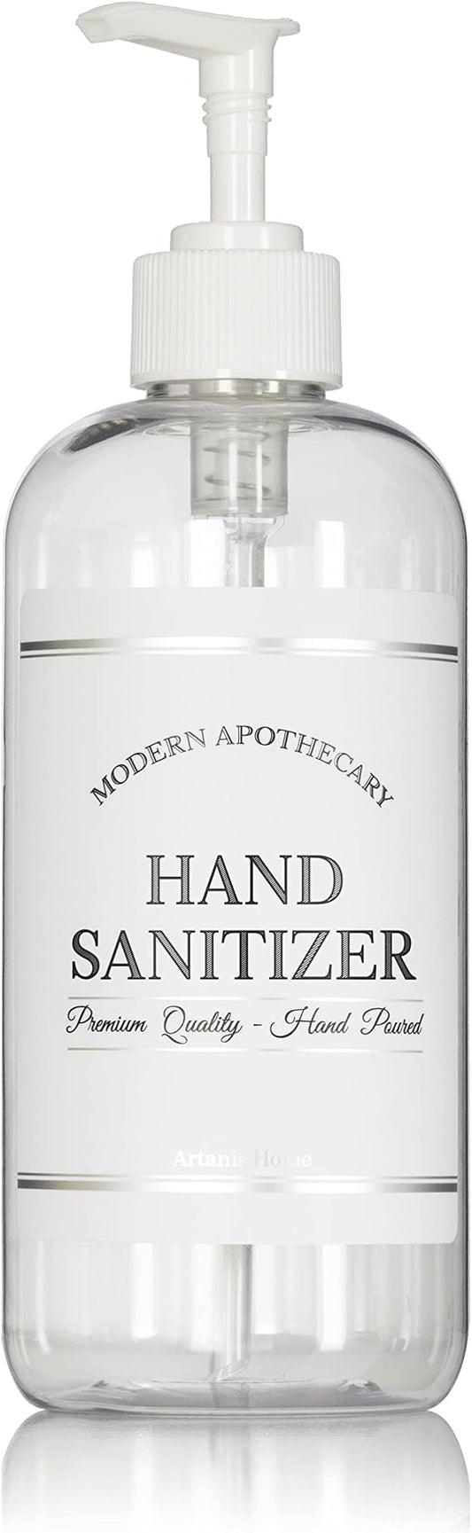 Refillable Clear PET Plastic 16 oz Hand Sanitizer Bottle with White Plastic Pump Dispenser - Chrome Accent Waterproof Labeled Bottle