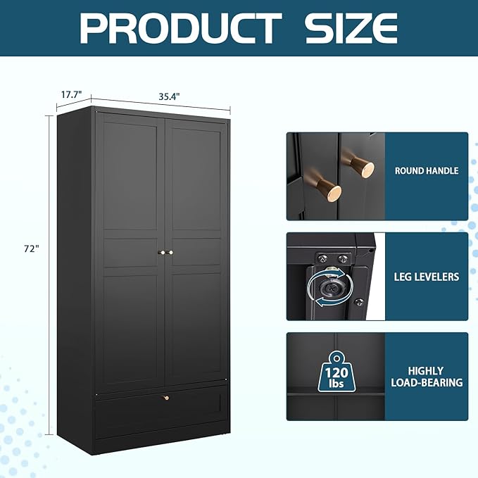 MIIIKO Wardrobe Closet with Drawer, 2 Doors Clothes Cabinet, 72" Metal Storage Cabinets with Hanging Rod and Shelf, Bedroom Armoires Laundry Room and Office Clothes Storage Organizer Cabinets