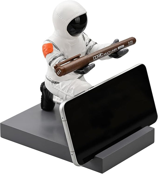 Astronaut Resin Pen Holder, Mobile Phone Stand, Device Stand, Desk Organizer Decorative Pen Holder (White&Black)
