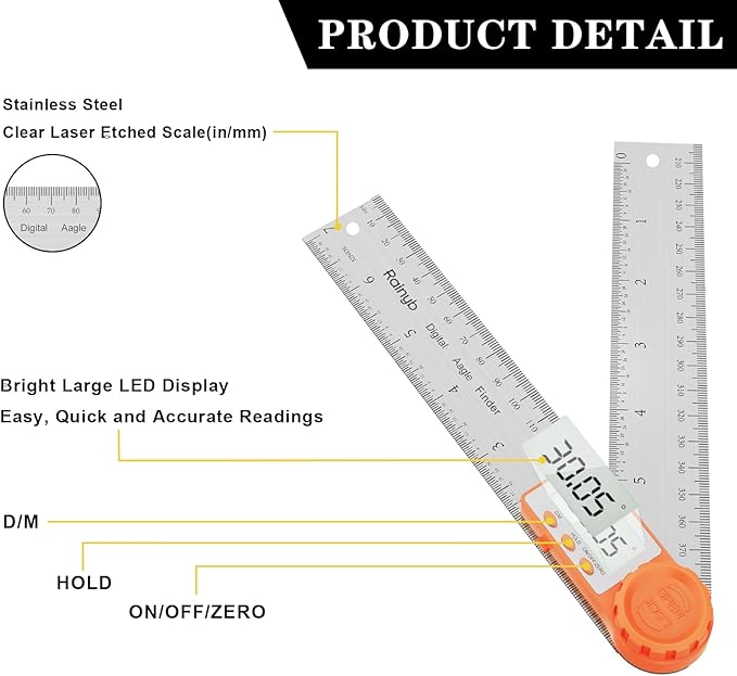 Rainyb Digital Angle Finder Tool 7inch/200 mm 0-360 Degree Stainless Steel Digital Protractor Ruler, Angle Measuring Tool for Carpenters, Woodworkers, Fabricators, Home DIY