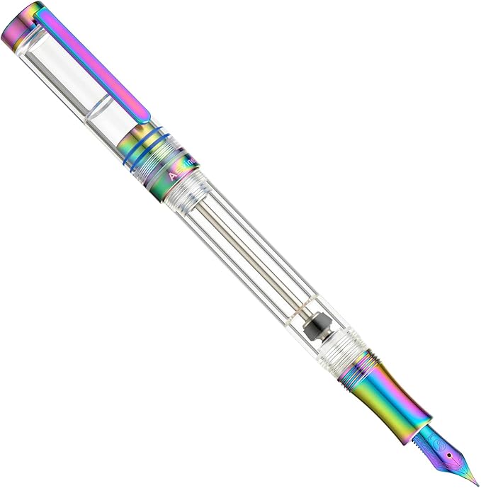 Asvine V200 Titanium Fountain Pen Vacuum Filling, Rainbow Iridium Fine Point Transparent Acrylic Smooth Writing Pen Case Set