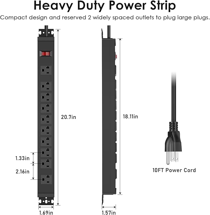 JUNNUJ Multi Angle Mount 10 Outlet 20 Amp Power Strip Heavy Duty, 2700J Surge Protector Under Desk with Switch 20A, Garage Workbench Gaming Outlet Table Wall Mountable, 10FT 12AWG Extension Cord