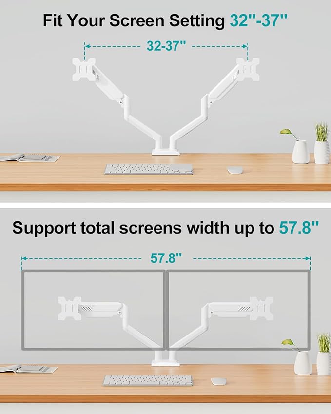 Dual Monitor Desk Mount - Adjustable Monitor Arm for 2 Monitors up to 32 inches/19.8 lbs, Double Monitor Stand VESA Bracket with C-Clamp & Grommet Mounting, Computer Screen Mount, White, Freelift