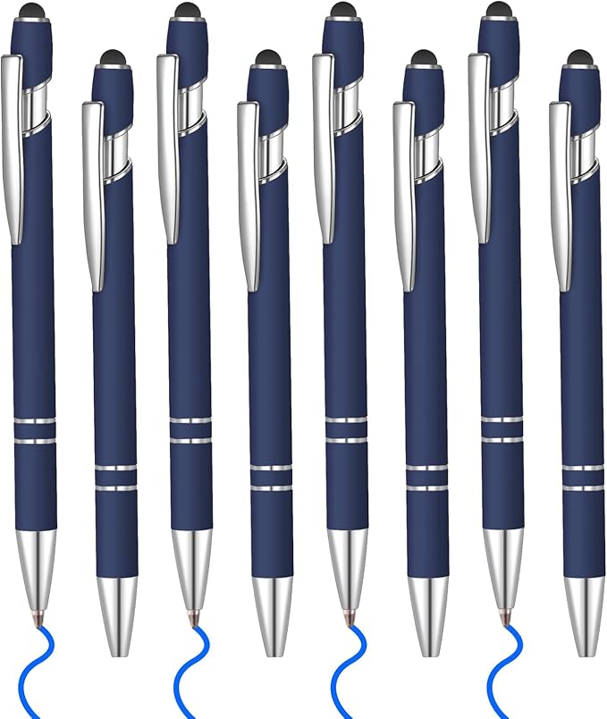 8 Pcs Blue Ink Ballpoint Pen with Stylus Tip 2 in 1 Stylus Ballpoint Pen Metal Pens Stylus Pen for Touch Screens School Office Coworkers (Navy Blue)
