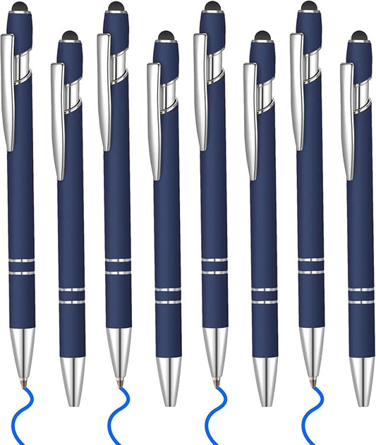 8 Pcs Blue Ink Ballpoint Pen with Stylus Tip 2 in 1 Stylus Ballpoint Pen Metal Pens Stylus Pen for Touch Screens School Office Coworkers (Navy Blue)