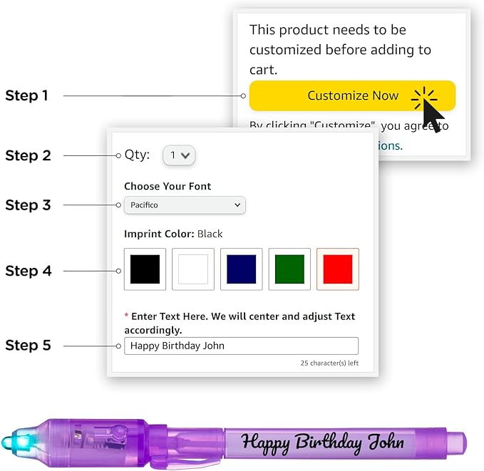 Personalized Invisible Disappearing Ink Pen Marker, Custom Secret Spy Message Writer with UV Light, Fun Activity for Kids Party Favors Gifts and Stock Stuffers, 24 Pack, Purple