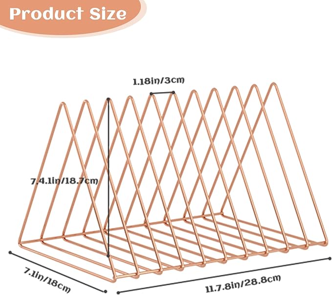 Urban Deco Triangle Desk Organizers Metal Wire Magazine Holder 10 Sections Decorative File Folder Organizer Vinyl Record Storage Office File Organizer For Desk - Rose Gold Magazine File Holder