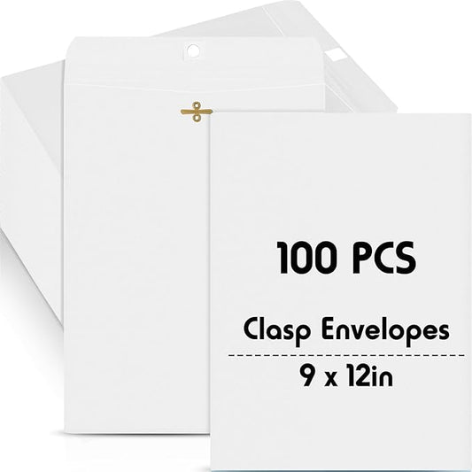 Geyee 100 Pcs Clasp Manilla Envelopes 9 x 12 Inch Gummed Colored Envelopes for Storing or Mailing for Home Office Business Supplies(White)