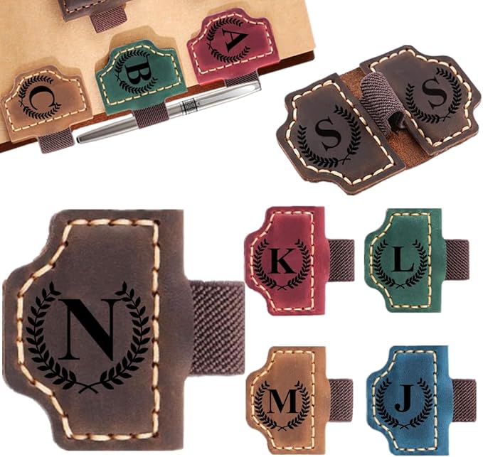 Custom Bookmark with Pen Holder with 26 Letters Personalized Magnetic Leather Book Mark, Customized Name Book Marker Clip with Initial for Men Women, Gifts for Book Lovers, Readers, (Coffee, N)