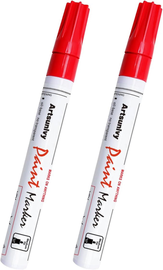 Red Permanent Paint Markers - 2 Pack Oil-Based Medium Tip,Waterproof Quick Dry Paint Pens for Metal,Rock,Wood,Fabric,Plastic,Canvas,Glass, Mug