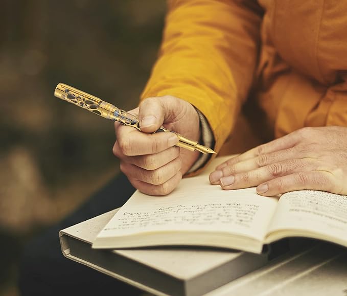 Asvine V169 Vacuum Filling Fountain Pen Medium Nib, Water Drop Skeleton Gold Trim Transparent Clear Acrylic Pen Case Set