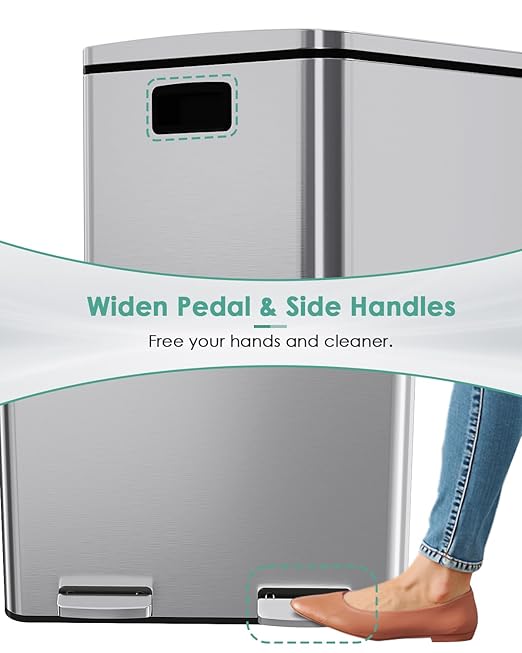 AthLike 60L(16 Gal) Dual Trash Can, Stainless Steel Kitchen Garbage Can, Double Compartment Classified Rubbish Bin, Recycle Dustbin w/Plastic Inner Buckets, Soft-Close Lid, Airtight, Silver