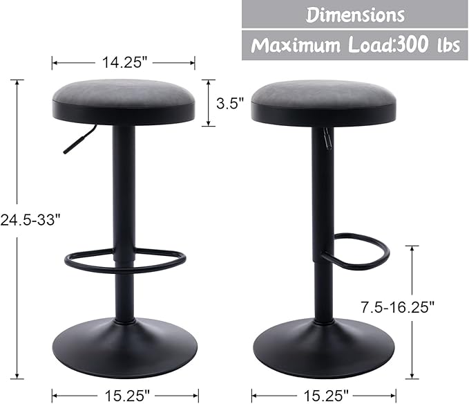 Round Swivel Counter Height Bar Stools Set of 4 Modern Adjustable Barstools Backless PU Leather Bar Chairs Industrial Island Chairs with Metal Base/Footrest for Kitchen Island/Pub/Bar, Grey