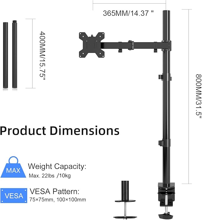 Suptek Single Monitor Arm Desk Mount Fully Adjustable Monitor Stand for 1 / One Screen up to 32 inch Extra Tall 31.5 inch Pole,Black (MD6821)