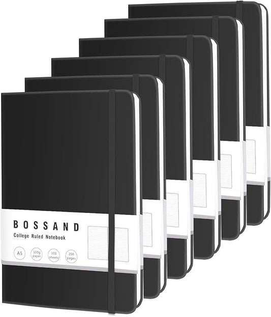 BOSSAND Lined Journal Notebooks, 6 Pack A5 Journals for Writing, 200 Pages 100 GSM Thick College Ruled Paper, Hardcover, 8.25 inches x 5.75 inches, Black
