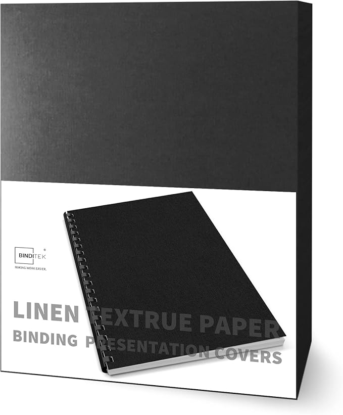 Binditek 100 Pack 13 Mil Slight Linen-Texture Paper Binding Presentation Covers, 90lb, for Business Documents, School Projects, 8-1/2 x 11", Un-Punched, Black
