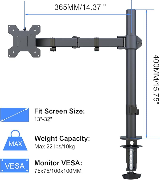 Suptek Single LED LCD Monitor Desk Mount Heavy Duty Fully Adjustable Monitor Stand for 1 / One Screen up to 27 inch