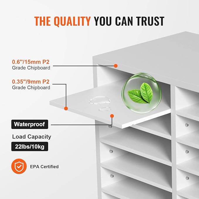 VEVOR Literature Organizers, 12 Compartments Office Mailbox with Adjustable Shelves, Wood Literature Sorter 20.4x12x16.1 inches for Office, Home, Classroom, Mailrooms Organization, EPA Certified White