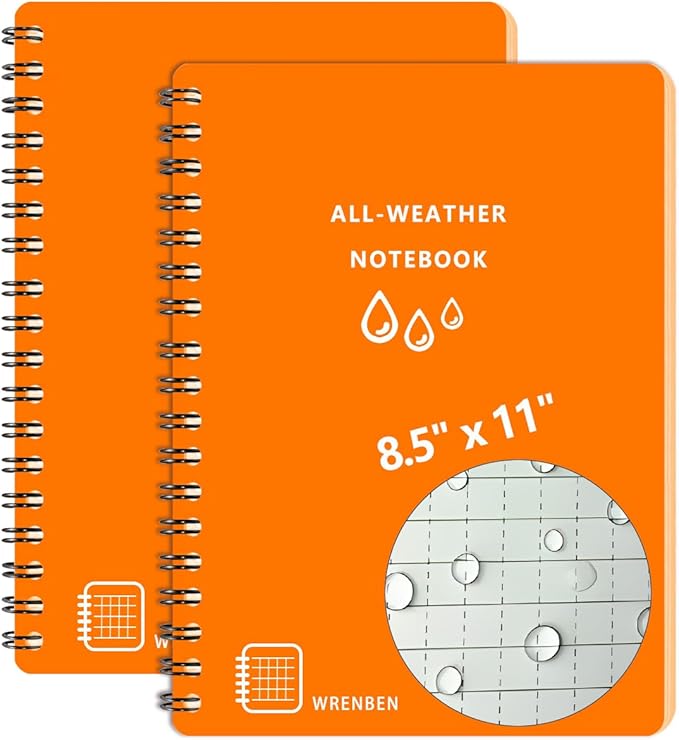 2PCS Fully Waterproof Spiral Notebook 8.5" x 11" with Weatherproof Stone Paper and Thickened Hard Cover, 100 Pages Per All-weather Notepad Journal, Universal Pattern (8.5" x 11", Orange)