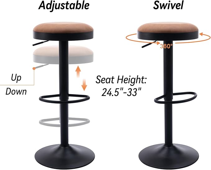 Round Swivel Counter Height Bar Stools Set of 1 Modern Adjustable Barstools Backless PU Leather Bar Chairs Industrial Island Chairs with Metal Base/Footrest for Kitchen Island/Pub/Bar, Brown