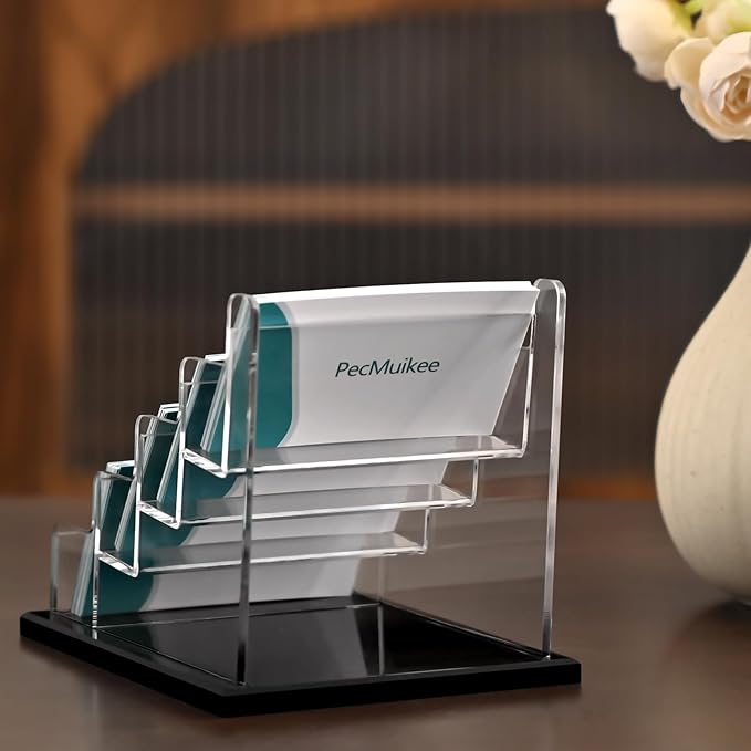 PecMuikee Business Card Holder for Desk，Acrylic Business Card Display Stand,Multiple Business Card Holders for Office, Exhibition, Home, Restaurant (4 Slot)
