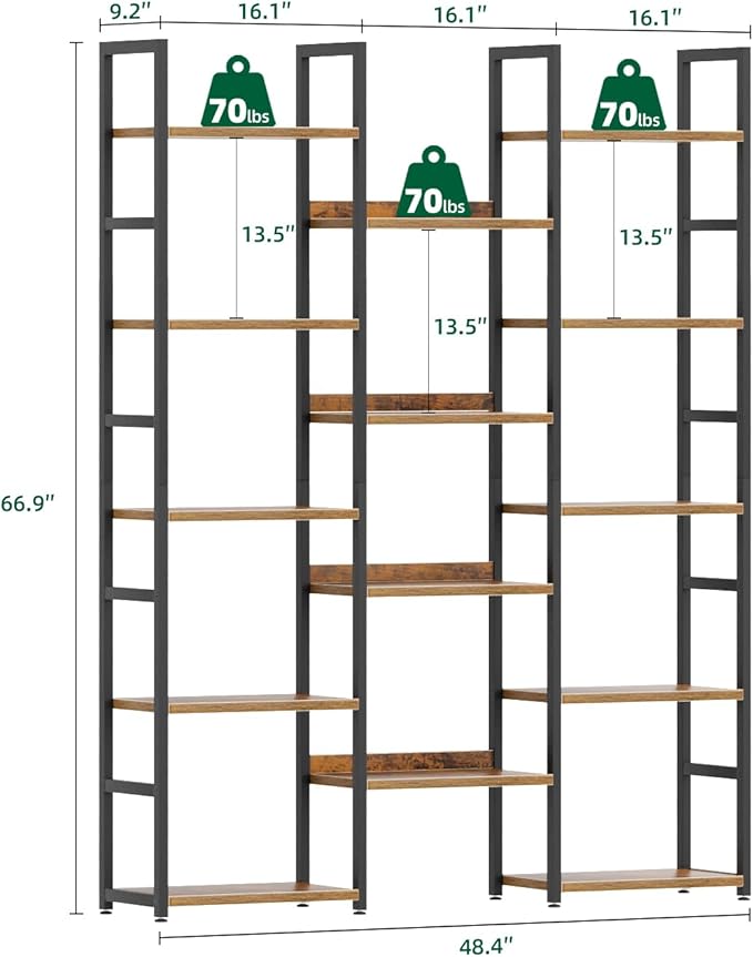 OTK Triple Column 5 Tier Bookshelf, Large Bookcase with 14 Open Display Shelves, Adjustable Industrial Book Shelf with Baffles, Wide Bookshelves for Bedroom, Living Room and Home Office, Rustic Brown