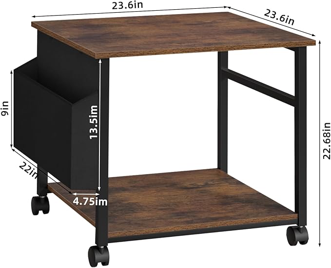 Lerliuo Large Printer Stand with Storage Shelf, 23.6 x 23.6 x 22.8 Industrial Printer Table for Home Office, Rolling Printer Cart Holder with Lockable Wheels, Mobile Mini Fridge Stand Table (Brown)