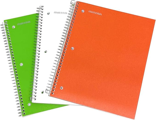 Mintra Office Durable Spiral Notebooks, 1 Subject, (Green, White, Orange, Wide Ruled 3pk)