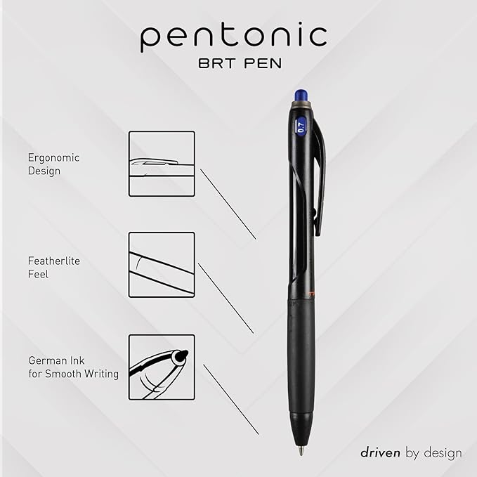 Pentonic BR-T Retractable Ballpoint Pens, 18 Count, Blue Ink, 0.7 mm Fine Point, Smooth Writing For Journaling, Office & School (PEN12125)