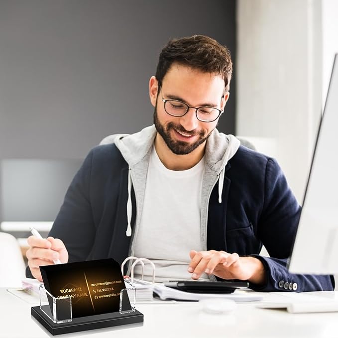 Acrylic Business Card Holder for Desk, Clear Business Card Display Stand with Black Base for Desk -2-Piece Gift Card Organizer for Office Desktop, Conferences, and Exhibition Receptions