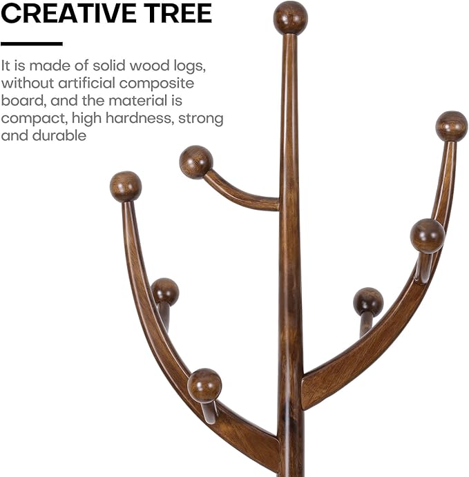 Coat Rack Freestanding Coat Tree with Sturdy Round Base, Unique Coat Hanger Stand, Heavy Duty Standing Coat Rack Clothes Stand for Winter Jacket, Hat, Entryway/Hallway/Bedroom, Walnut