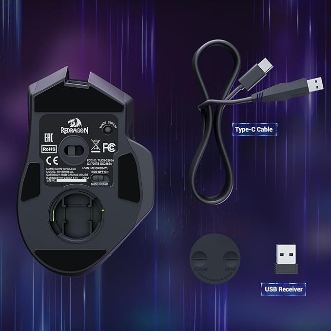 Redragon Wireless Gaming Mouse, Ergonomic Mouse 16000 DPI with Rapid Fire Key, 9 Macro Buttons, 170-Hour Durable Power Capacity and RGB Backlight Wired/Wireless Mouse for Laptop/Mac/PC