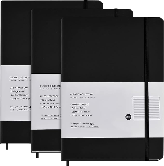 3 Pack B5 Journal Notebooks Classic College Ruled Notebooks Hardcover Lined Journals for Office Home School Business Writing Note Taking, 10.2 x 7.5 inch, 100GSM Thick Paper, 160 Pages (Black)
