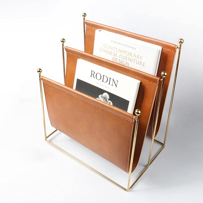 Plated Metal Wire and Leatherette Magazine Holder Rack, 2-Slot Standing Rack for Magazines, Books, Newspapers, Home Staging Decoration