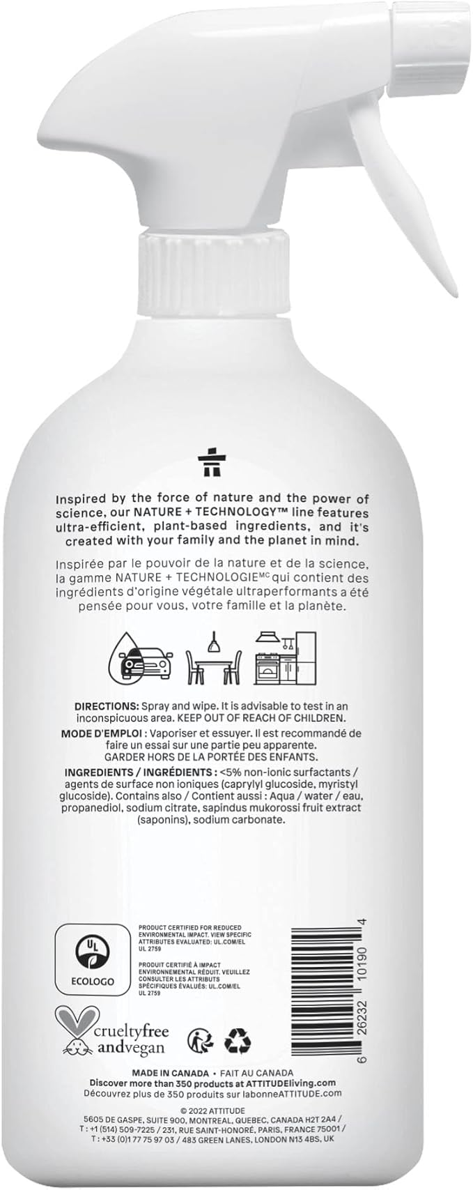 ATTITUDE All Purpose Cleaner Spray, EWG Verified, Vegan, Made with 94% Plant-Based Ingredients, Streak-Free for Kitchen, Bathroom, Glass & More, Unscented, 27.1 Fl Oz (Pack of 6)