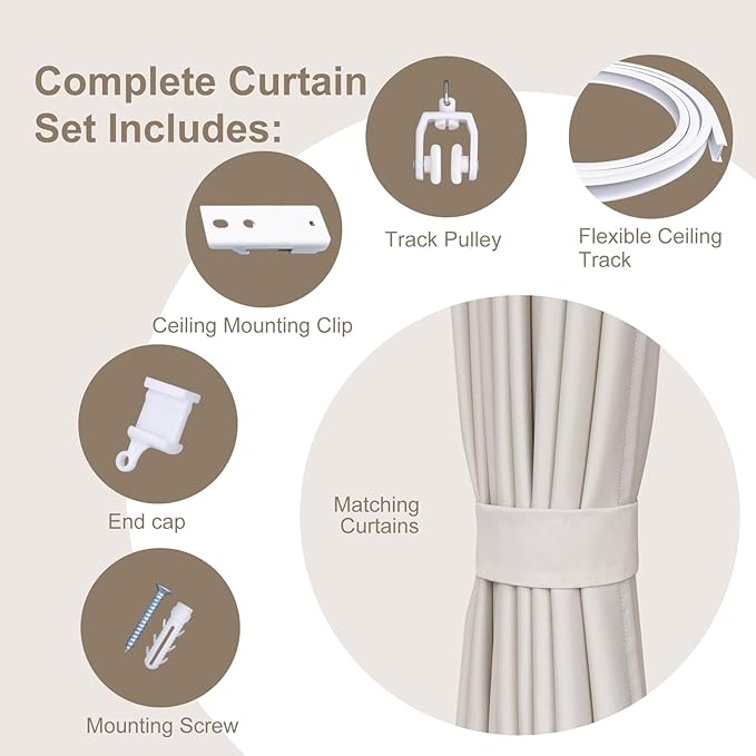 Room Divider Curtains & Flexible Bendable Tracks Set,Privacy Dividers Ceiling Track Curtain Window Blackout Curtains for Living Room Bedroom (W180 × H108 In 1 Panel Beige Drape & White Rail)