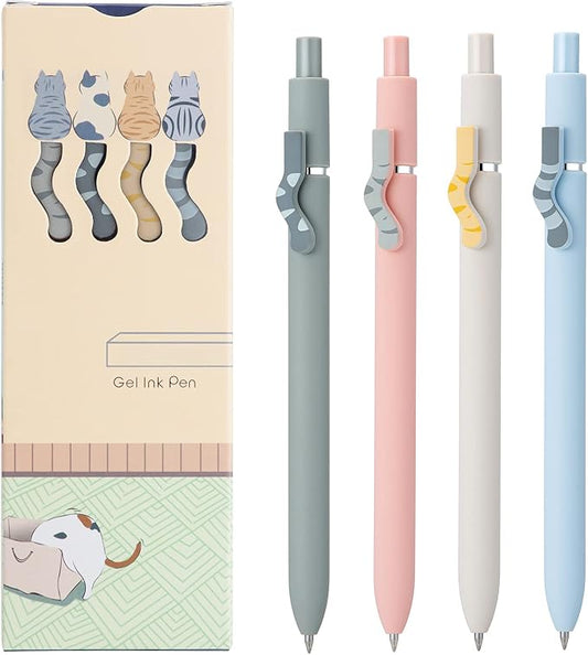 4PCS Cute Cat Retractable Gel Pens Set, Quick Dry Black Ink Fine Point Roller Ball Gel Ink Pen for Smooth Writing (Morandi Color)