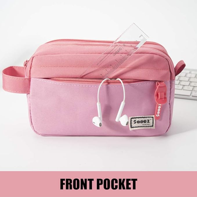 Sooez High Capacity Pencil Case, Big Pencil Bag Pouch Box Organizer Pen Case, Portable Journaling Supplies with Easy Grip Handle & Loop, Asthetic Supply for Girls Adults, Pink
